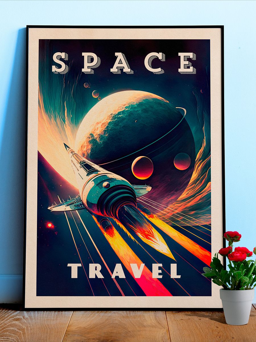 Space Travel — Vintage space poster, retro space art, propaganda poster, retrofuturism art, retro sci-fi print product image (1)