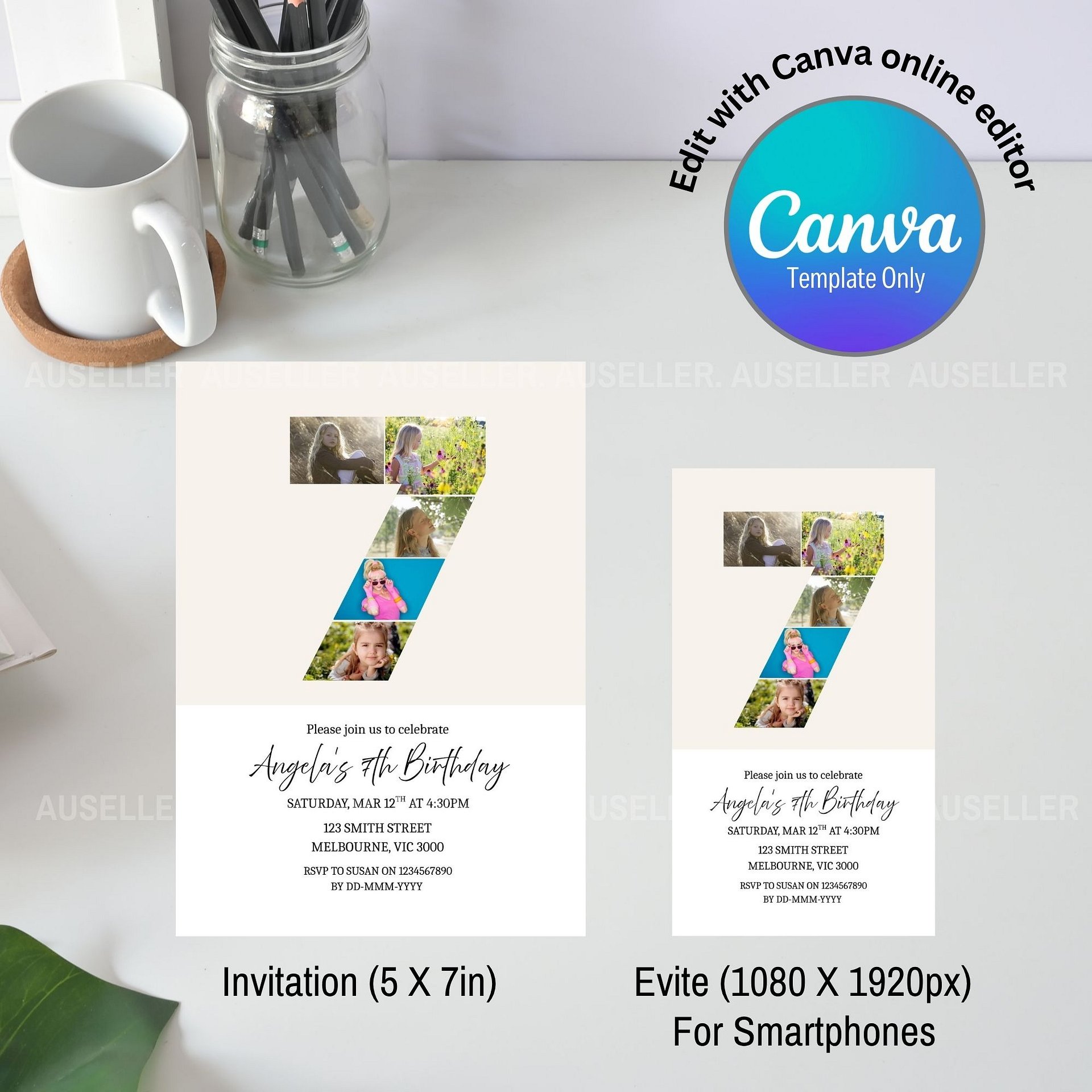 7th Birthday Photo Collage Editable Invitation Template product image (4)