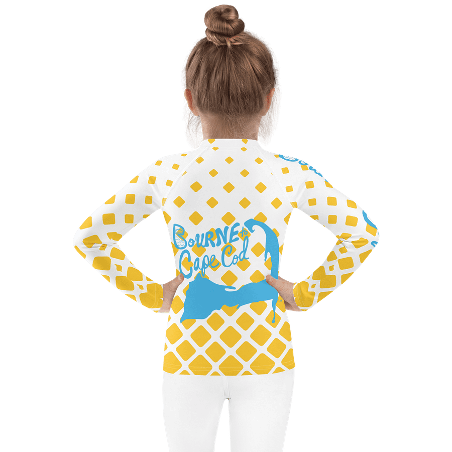 Girls' | Kids | Rash Guard | BRN.2C.C.™ Front Print | BOURNE to Cape Cod™ Back & Sleeve Logo | Coastal UV Shirt for Active Kids | Slim Fit Swim Top | Blue Logo on Retro Mod Yellow Diamonds product image (2)