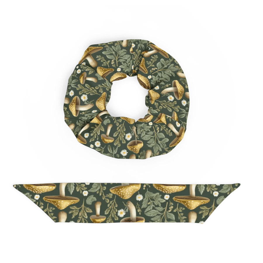 Hair Scrunchie - Golden Mushrooms on Dark Green product image (5)