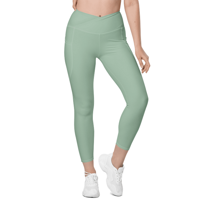 Plain Light Sage Green Soft Summer Women's High Waisted Premium Crossover Leggings with Pockets by Treasure Pie product image (1)