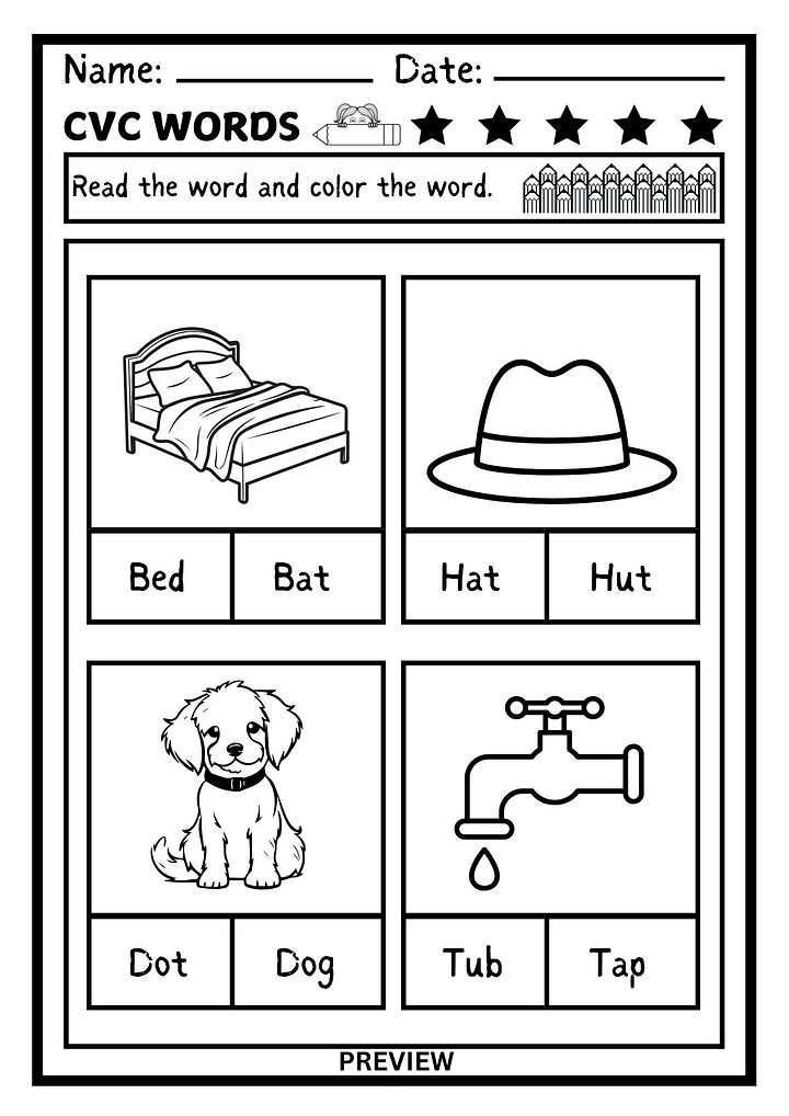 CVC Words - Color the CVC Words - Phonics Worksheet for Kindergarten, Preschool, Homeschool - Printable product image (1)