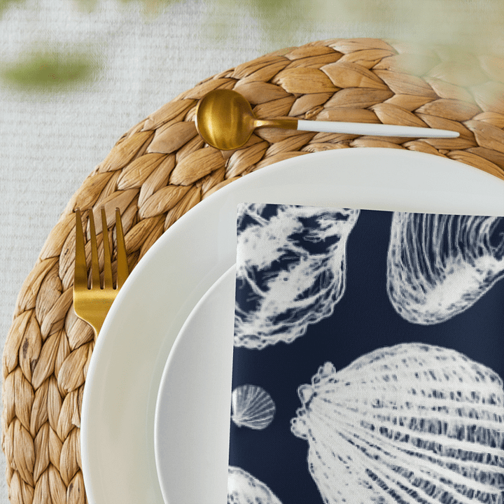 New England Tidal Treasures | Seashell Napkin Set | Monique Faella Designs™ | White on Dark Blue product image (2)