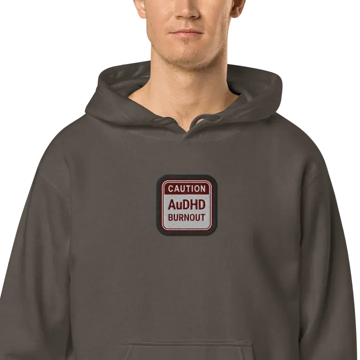 CAUTION: AuDHD BURNOUT embroidered pigment hoodie (maroon bubble design) product image (2)