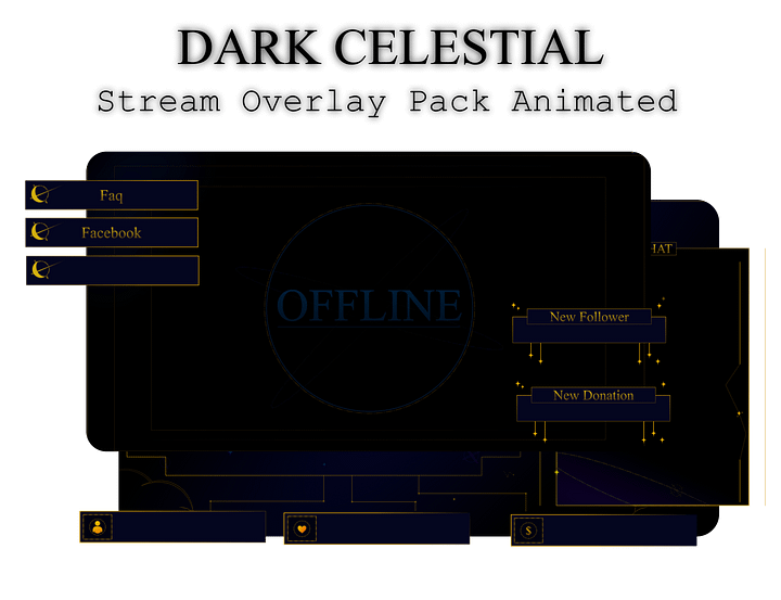 SIMPLE Dark STREAM OVERLAY Celestial, Dark overlay pack, Celestial Animated Overlay, Stream overlay pack, Black and gold Overlay product image (1)