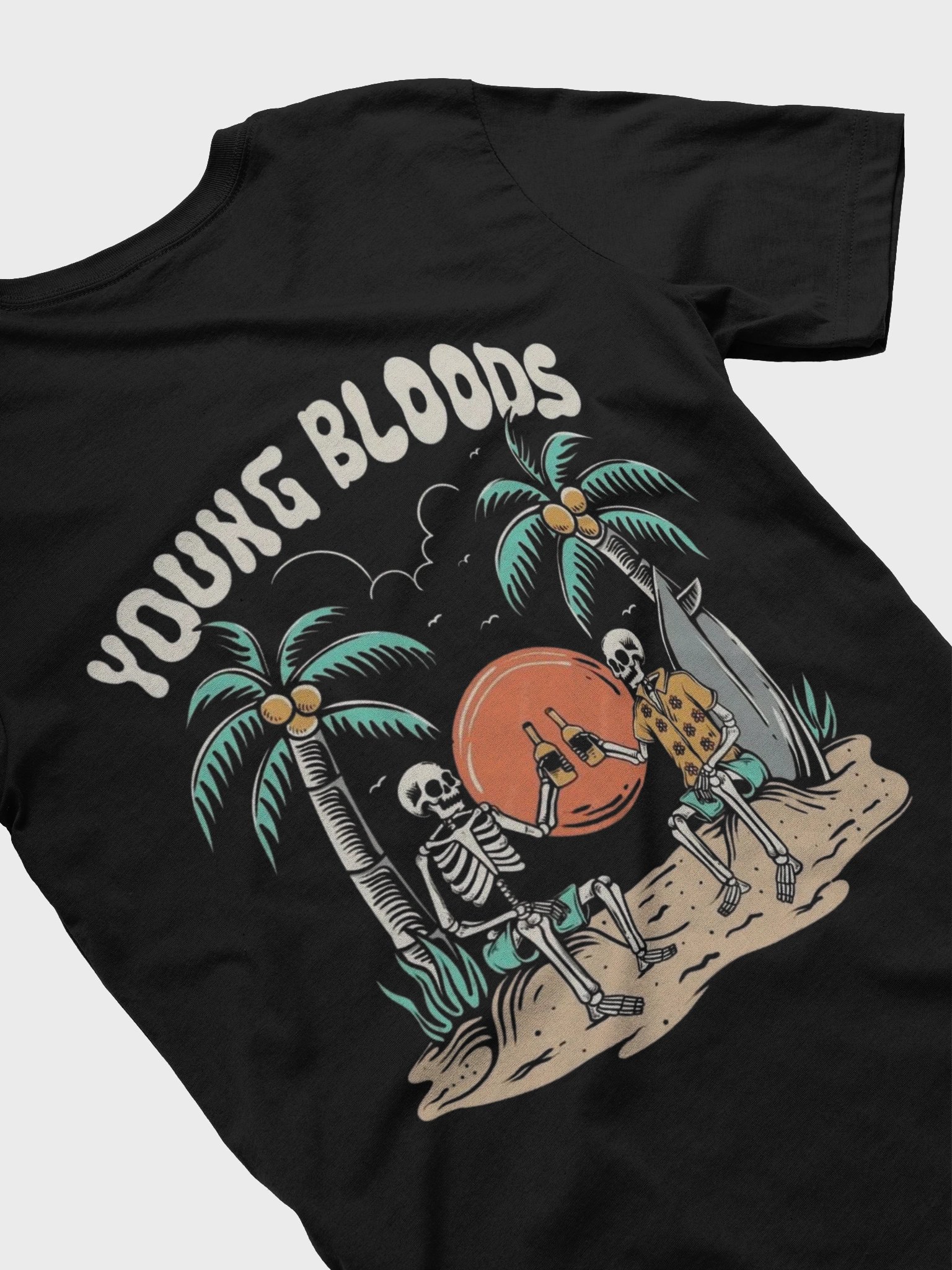 Skeleton Friends Relaxing on Beach with Sunset and Palm Trees T-Shirt product image (2)