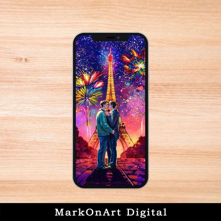 Romantic Gay Couple in Paris Art For Mobile Phone Wallpaper or Lock Screen | High Res for iPhone or Android Cellphones product image (1)