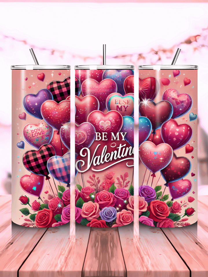 Be My Valentine 20oz Tumbler Wrap PNG – Heart Balloons Valentine's Day Sublimation Design – Cute Skinny Tumbler – Instant Digital Download – 300 DPI product image (1)