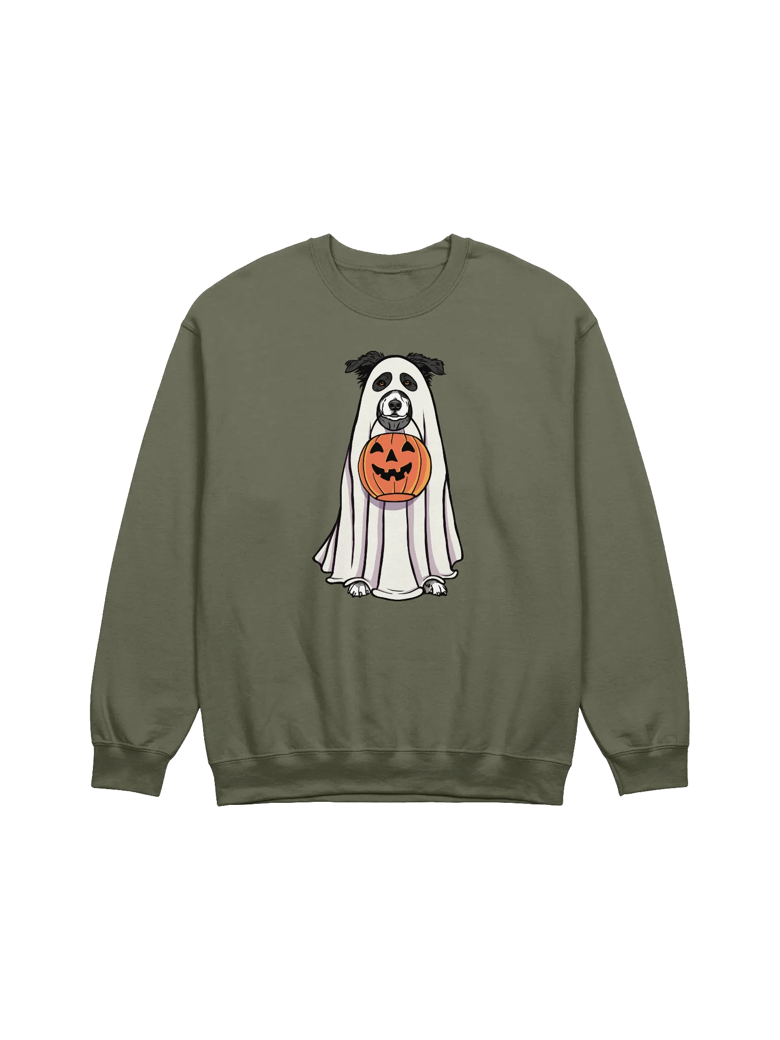 Funny Halloween Australian Shepherd(Black and White) Sweatshirt | Funny Aussie Wearing a Ghost Costume and Holding a Pumpkin Basket product image (13)