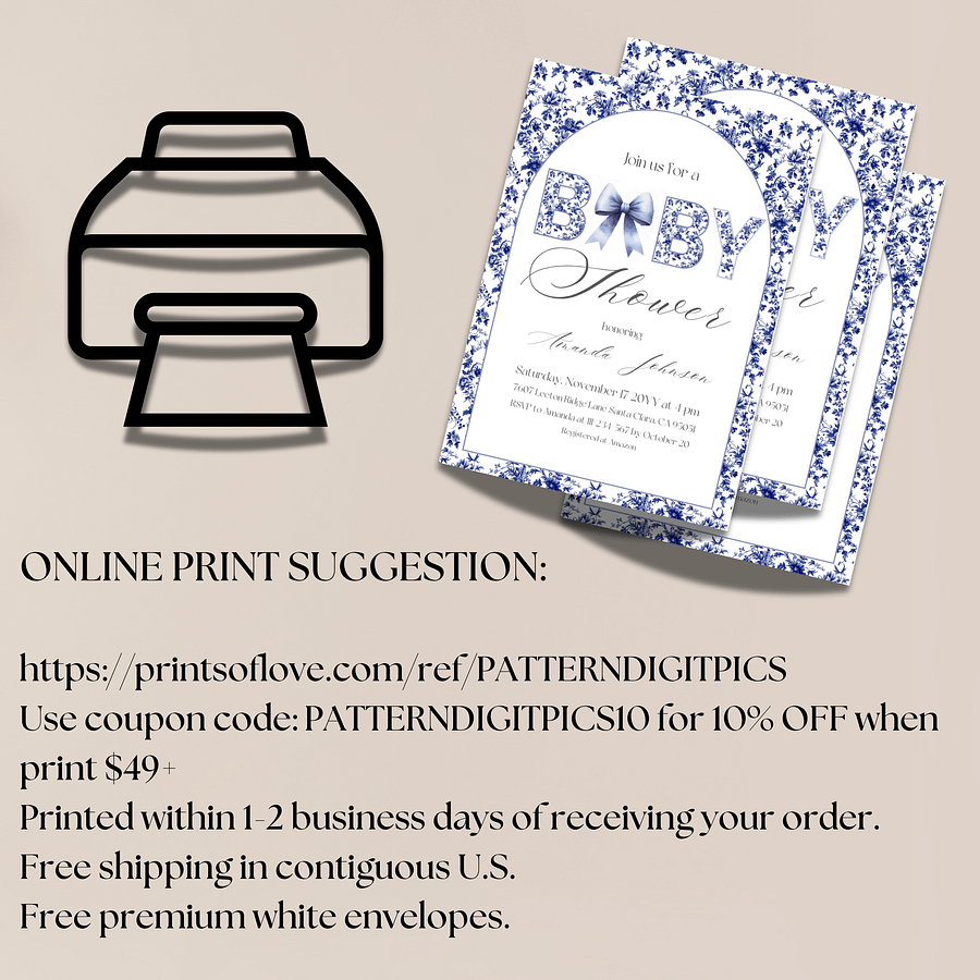 Blue Toile de Jouy and Bow Baby Shower Invitation, Chinoiserie Floral Theme, Boy Baby Shower Invite for Digital Download product image (10)