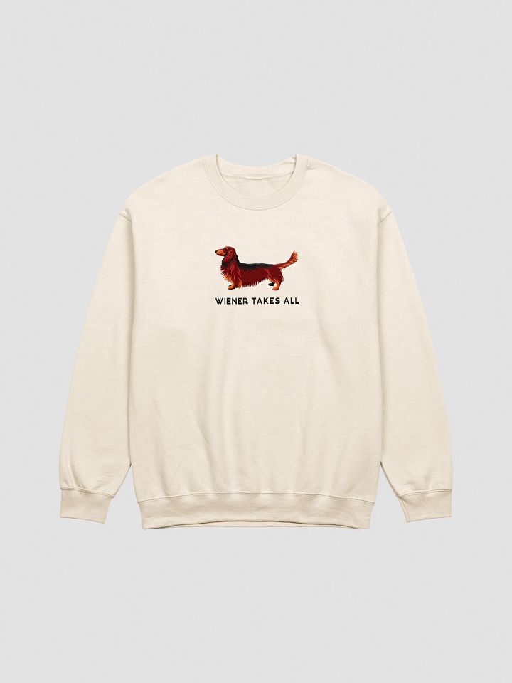 Wiener Takes All Sweatshirt (Embroidered) of a Longhaired Dachshund(Red & Tan) product image (13)