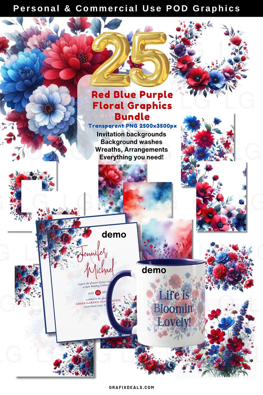 Red Blue Purple Floral Graphics Bundle Commercial POD Use Clipart for Zazzle Creators product image (1)