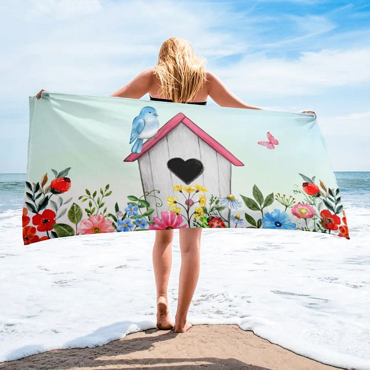 Bluebird, Birdhouse & flowers Towel product image (1)