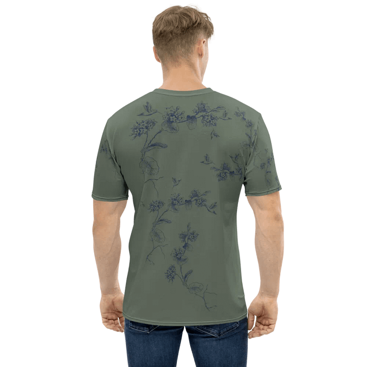 olive green all  over printed unisex T shirt with humming bird design. Outdoors vibe ideal for the person who enjoys birding. product image (1)