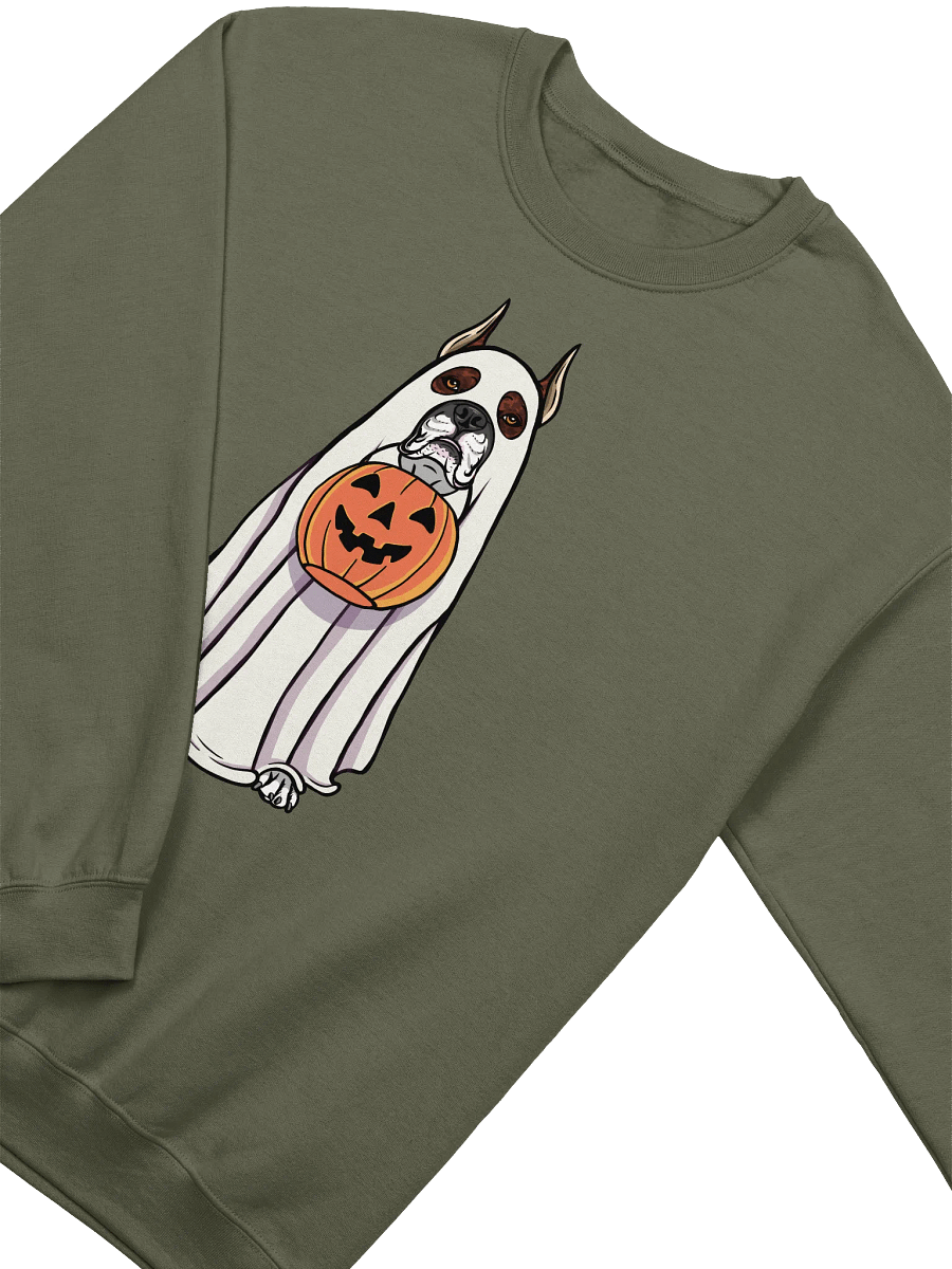 Funny Halloween Boxer Dog(Brindle, Cropped Ears) Sweatshirt | Funny Boxer Wearing a Ghost Costume and Holding a Pumpkin Basket product image (4)