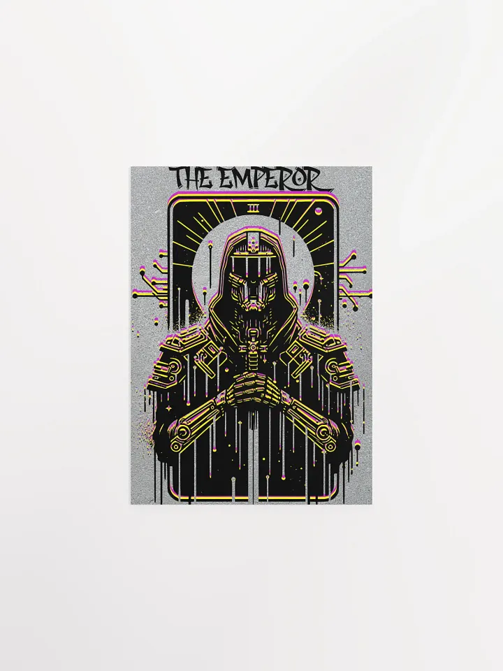 Cyberpunk Tarot Wall Art Poster – "The Emperor" Card with Hooded Leather Coat, Armored Gauntlets & Sword – Futuristic Graffiti Stencil Artwork product image (4)