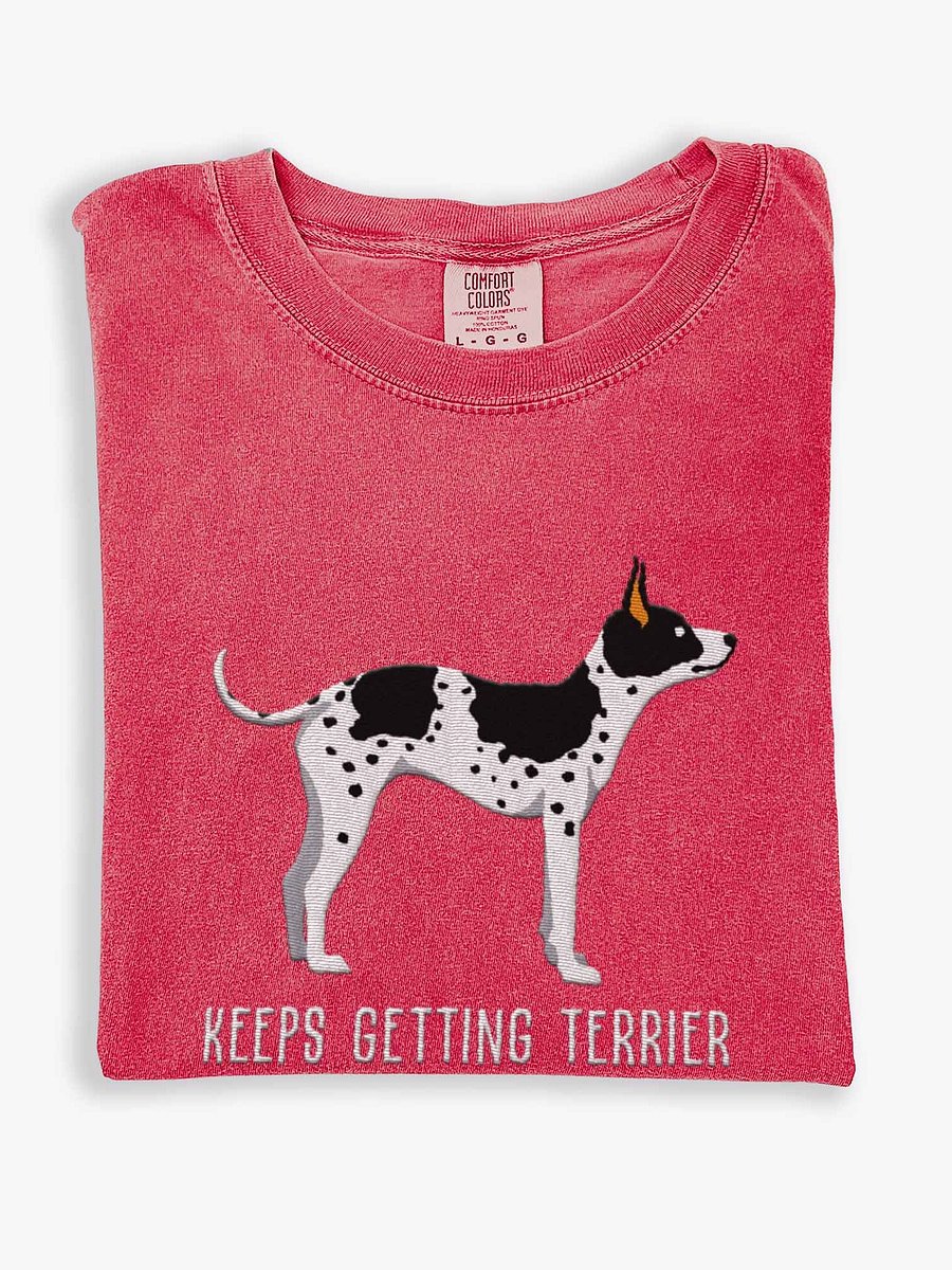 Keeps Getting Terrier T-Shirt(Embroidered) of an American Hairless Terrier(Black & White) product image (1)