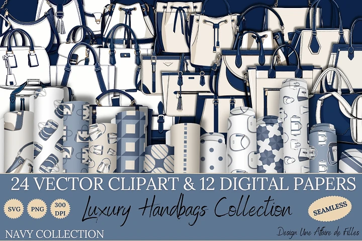 LUXURY BAGS - NAVY 24 VECTOR CLIPART & ASSORTED SEAMLESS PAPERS product image (1)