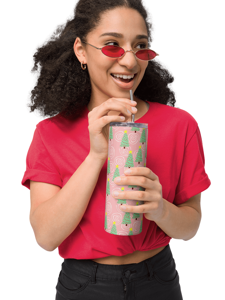 Green Christmas Trees on Pink Spirals Stainless Steel Tumbler with Straw product image (7)