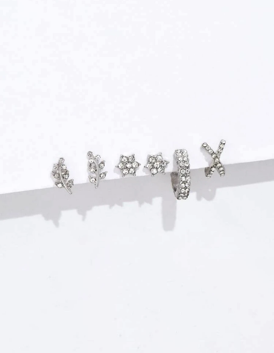 5 PC RHINESTONE SILVER LEAF DECOR EARRINGS & NON-PIERCED EAR CUFFS product image (3)