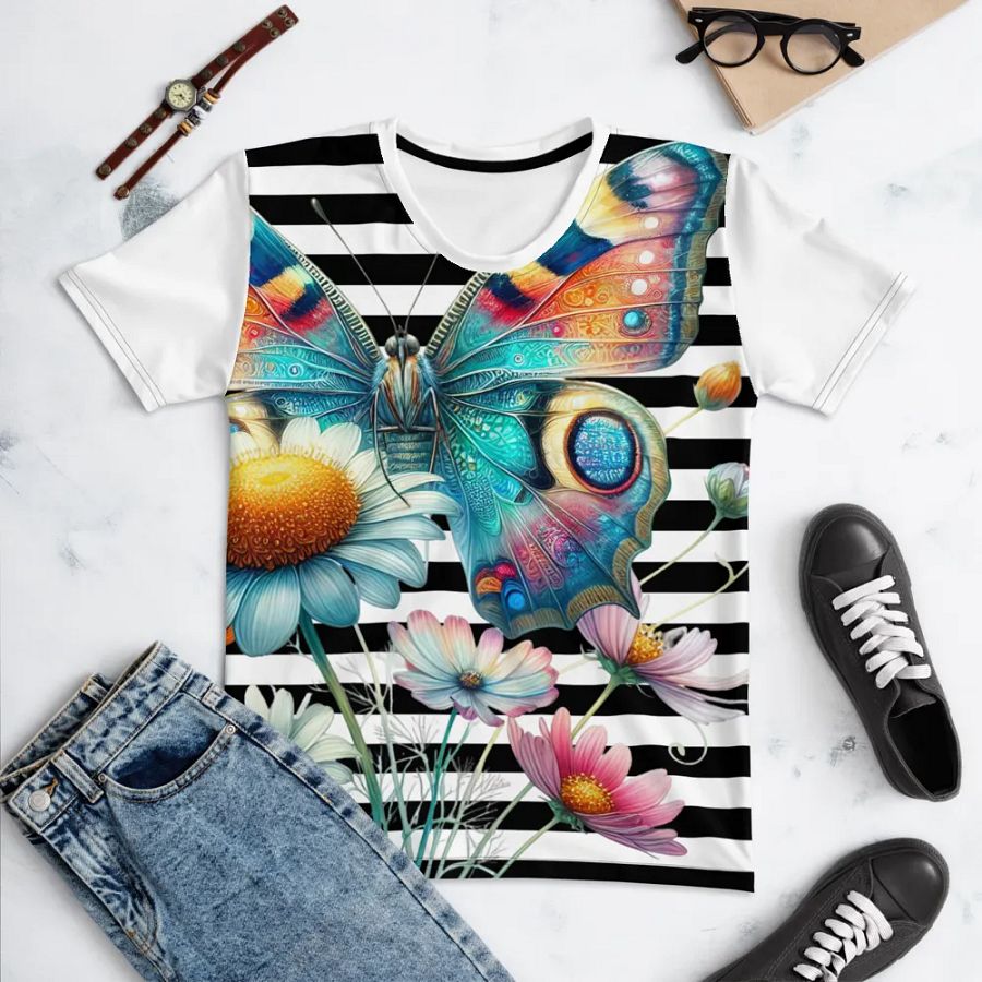 Whimsical Butterfly Fantasy Black Stripped Women's T-Shirt product image (4)