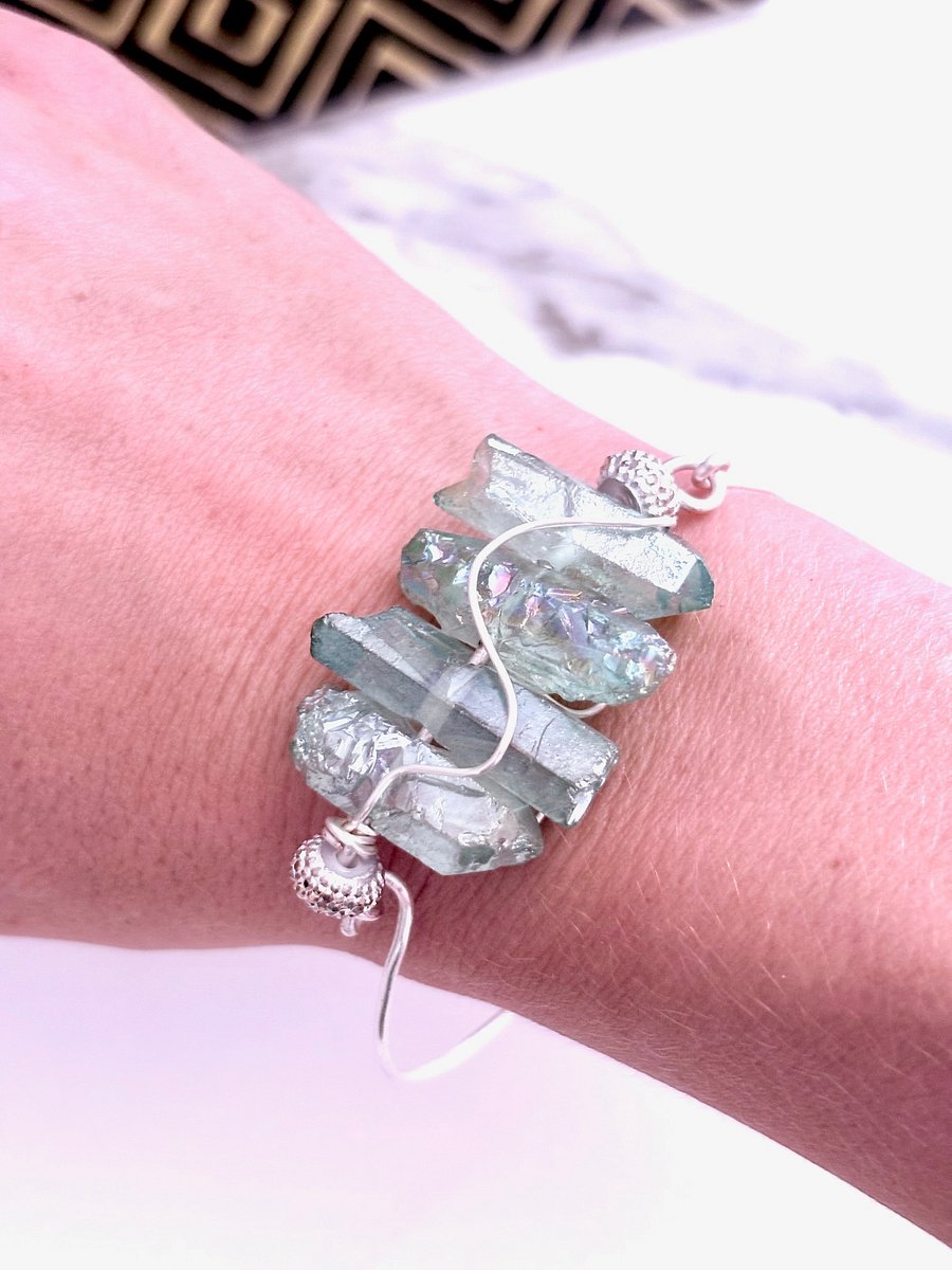Handmade 7" Wire Wrapped Bracelet | Light Green Crystals | Coastal Charm Jewelry by Monique Faella Designs™ | MFD-00171 product image (5)