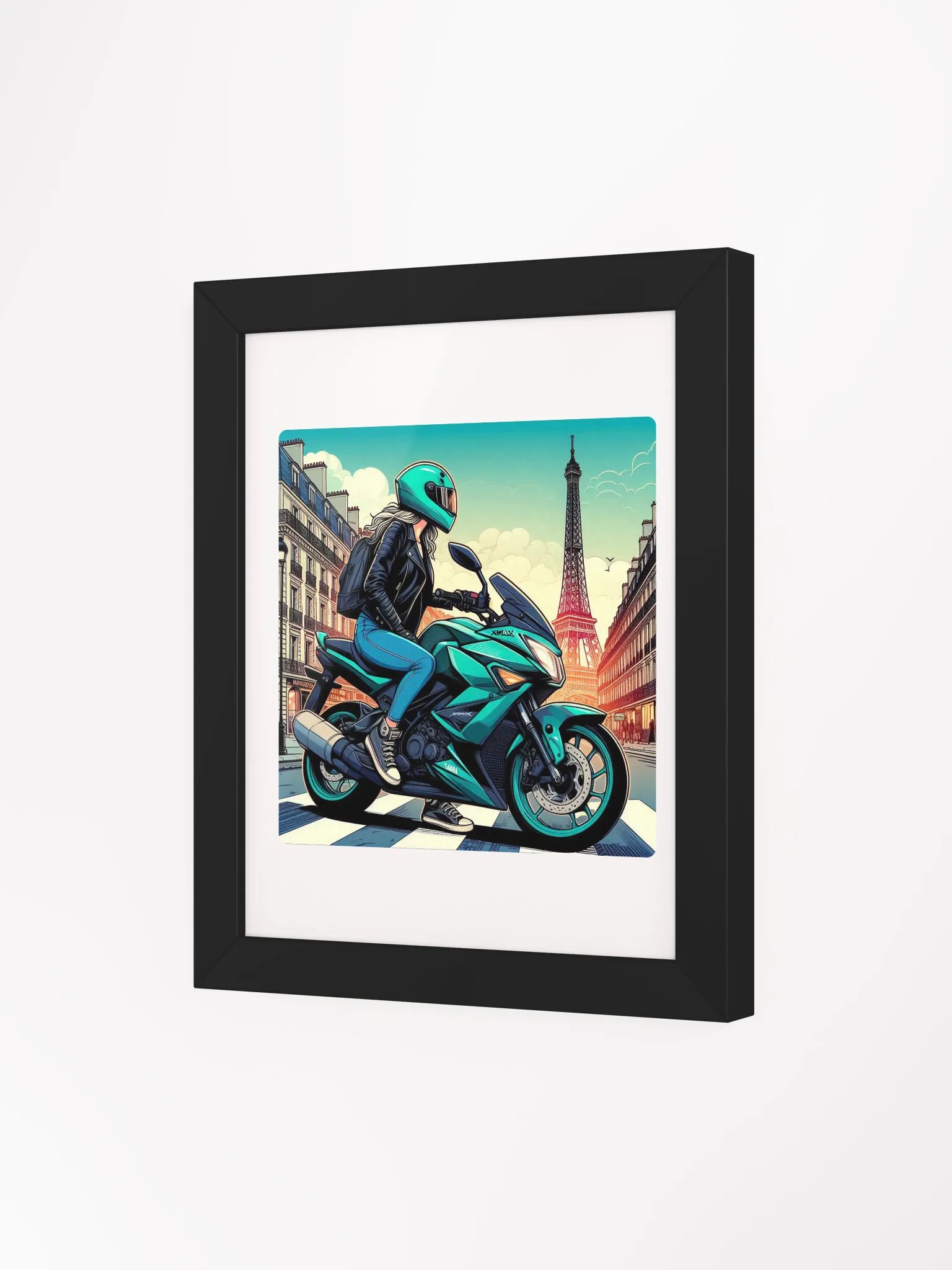 Vibrant Ayous Wood Framed Matte Poster | Biker women in Paris city France AIwork product image (3)
