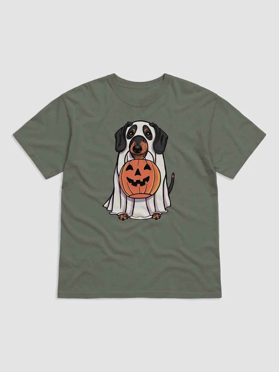 Funny Halloween Dachshund T-Shirt | Funny Doxie/Wiener Wearing a Ghost Costume and Holding a Pumpkin Basket product image (4)