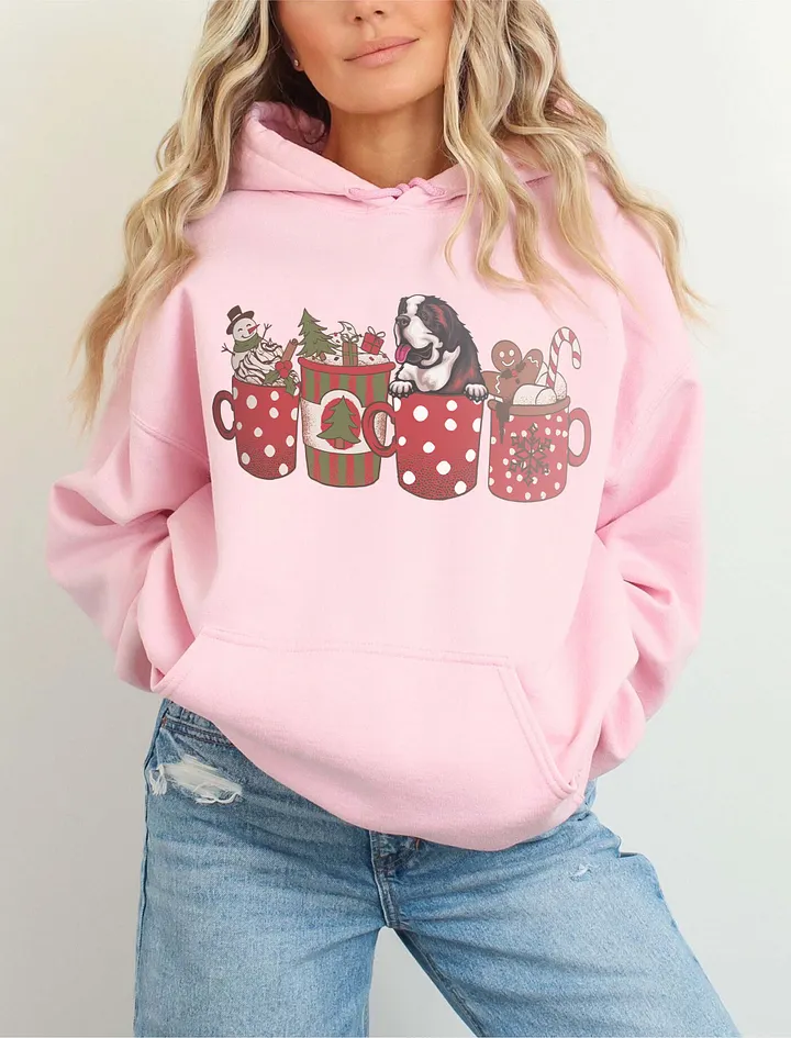 Cute Saint Bernard in a Christmas Cup Hooded Sweatshirt | Funny Christmas Pup in a Cup product image (6)
