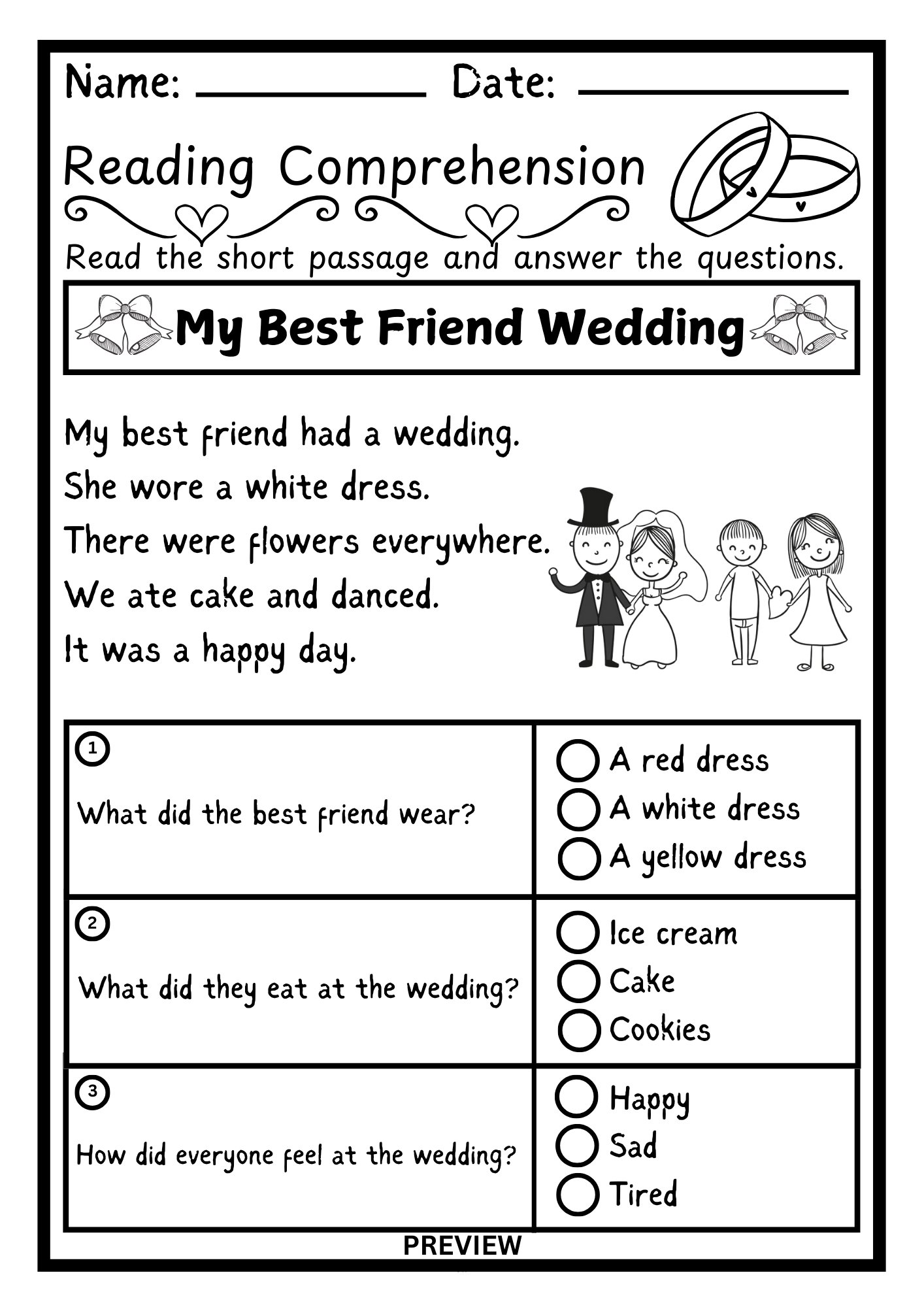 My Best Friend’s Wedding - Kindergarten Reading Comprehension Worksheet product image (1)