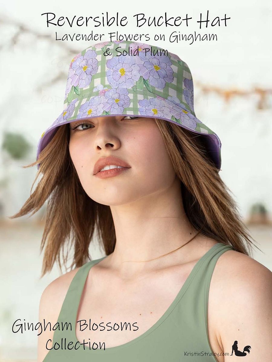 Reversible Bucket Hat Lavender Flowers on Gingham and Solid Plum product image (1)