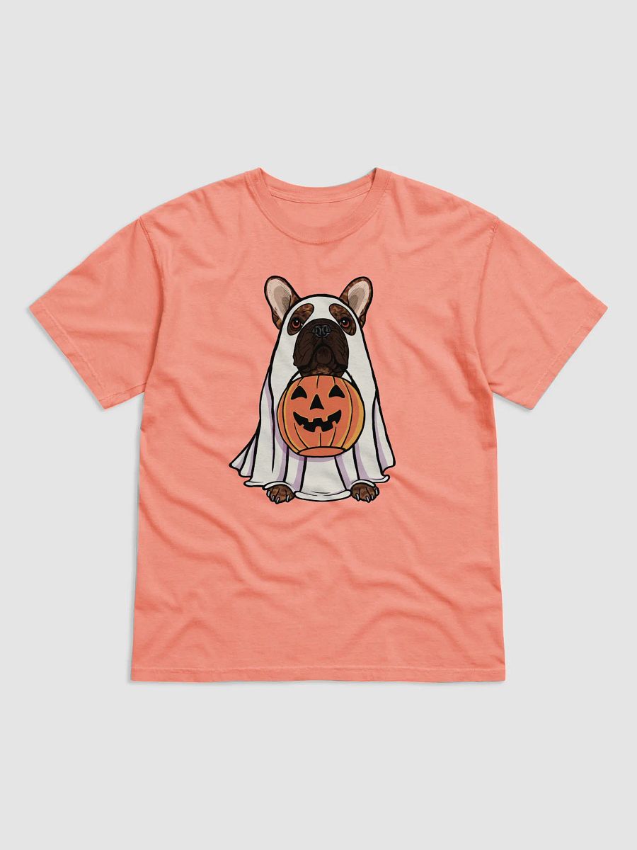 Funny Halloween French Bulldog(Brindle) T-Shirt | Funny Frenchie Wearing a Ghost Costume and Holding a Pumpkin Basket product image (22)