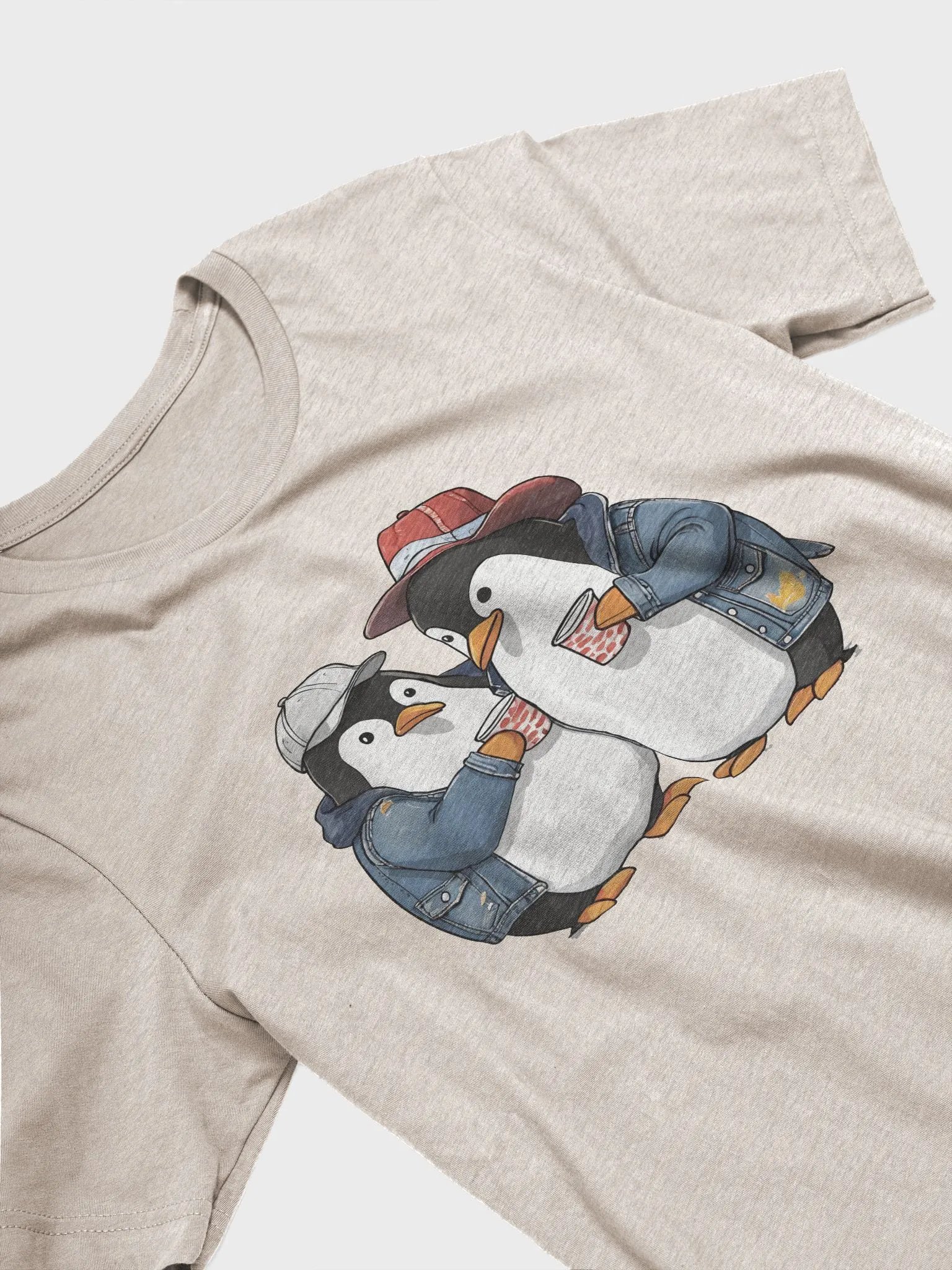2 Penguins wearing a denim jacket and hats holding cups product image (24)