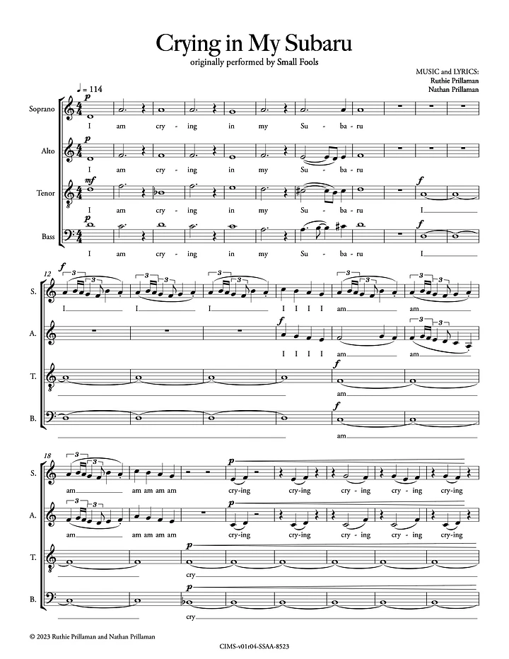 Crying in My Subaru Sheet Music - SATB and SSAA product image (1)