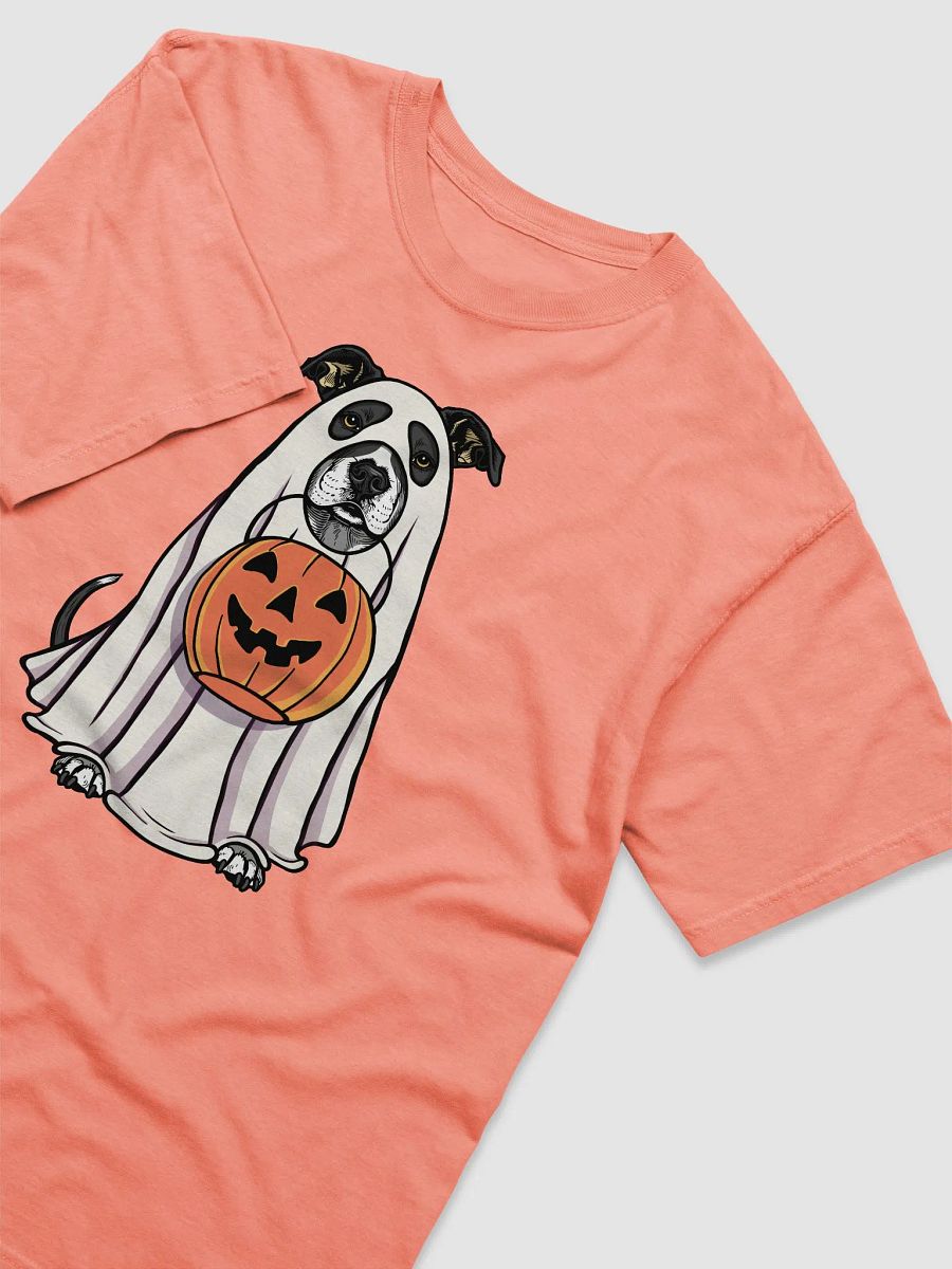 Funny Halloween Pitbull Terrier(Black) T-Shirt | Funny Pittie Wearing a Ghost Costume and Holding a Pumpkin Basket product image (24)