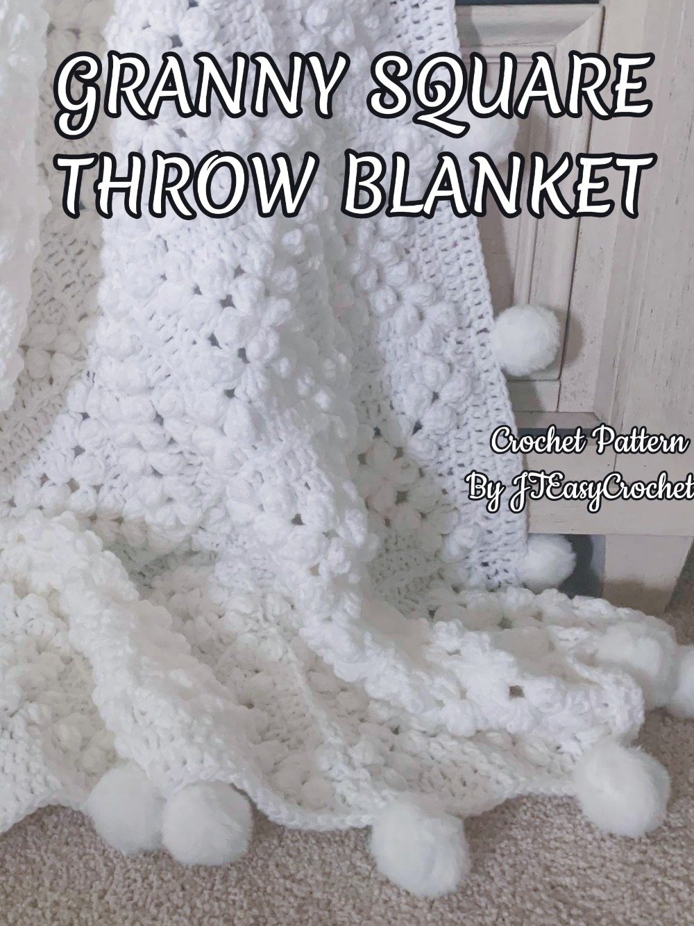 Granny Square Blanket With Poms, Easy Crochet Pattern & VIDEO, Textured Crochet Throw Home Decor, Baby Gift product image (8)