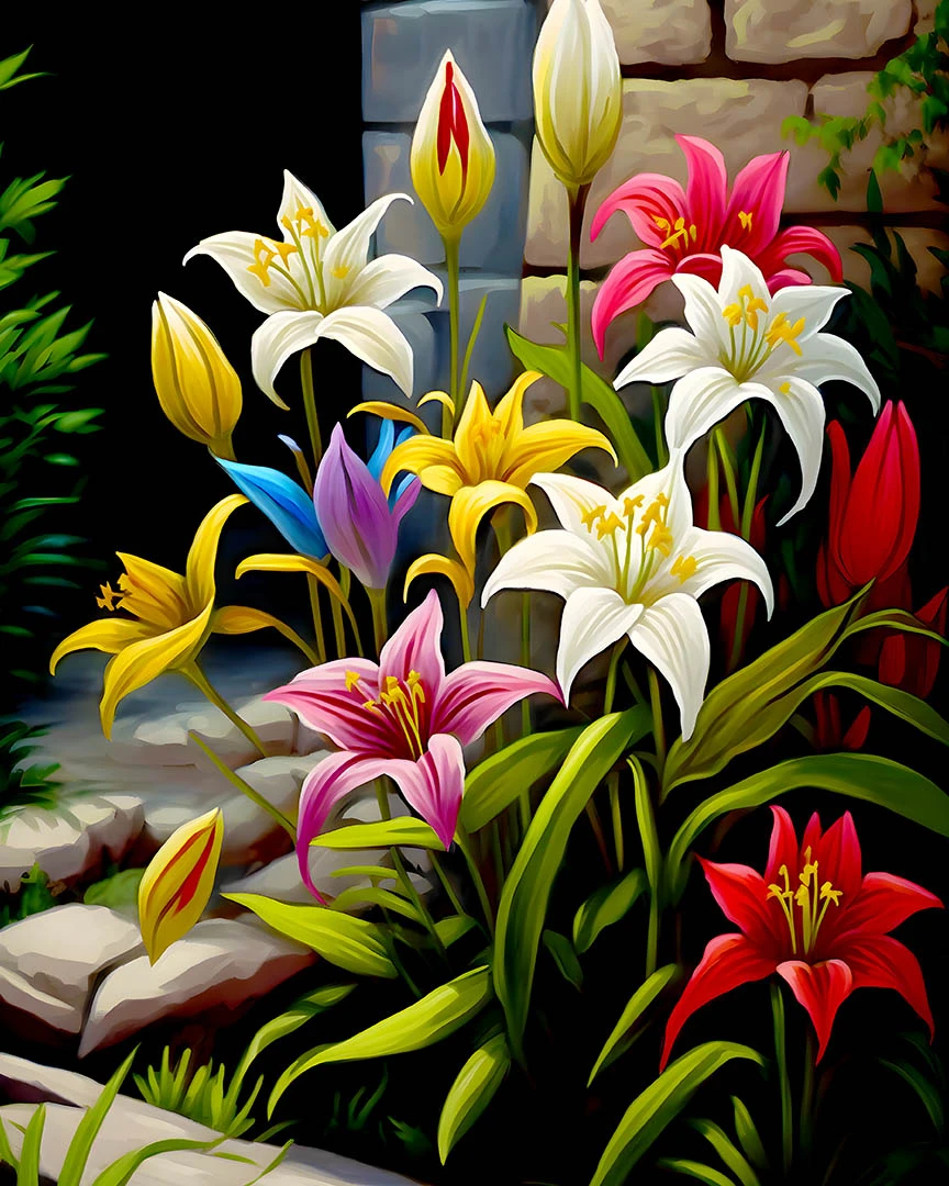 Colorful Lilies Blooming in a Rustic Garden Matte Poster product image (1)