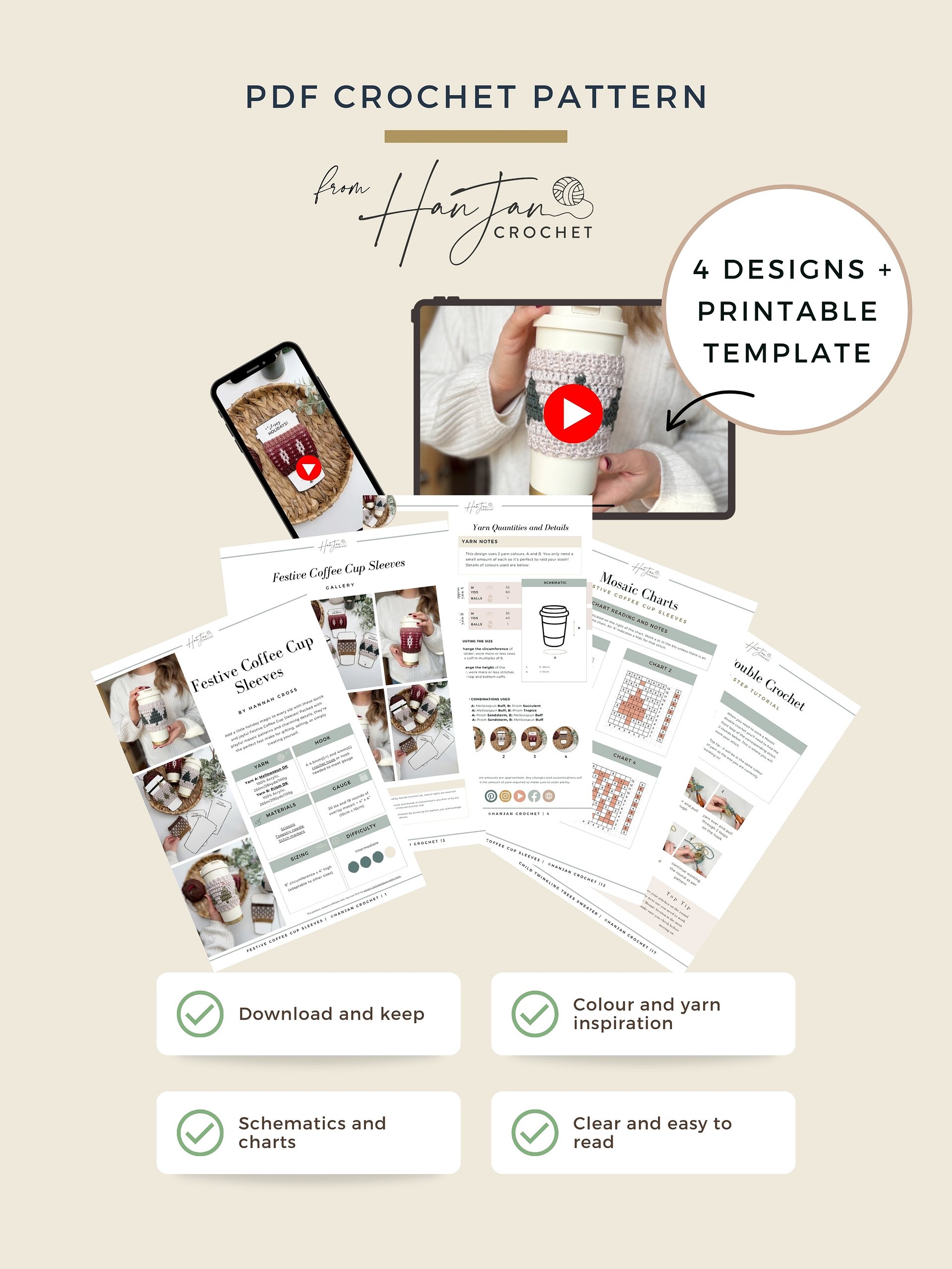 CROCHET PATTERN + VIDEO Holiday Coffee Cup Sleeve - 4 designs, Winter Mug Cozy Pdf, Christmas Trees & Festive printable product image (8)