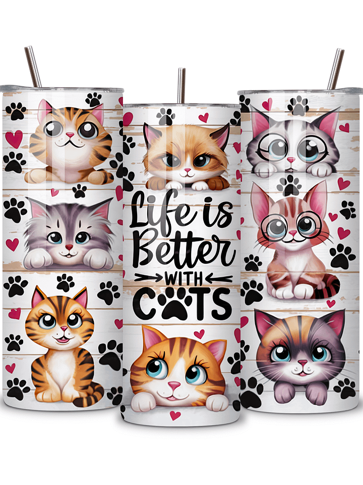 Life is Better with Cats 20oz Skinny Tumbler with Metal Straw – Cute Cat Design – Double-Walled Insulated Stainless Steel Tumbler for Hot & Cold Drinks, Gift for Cat Lovers product image (2)