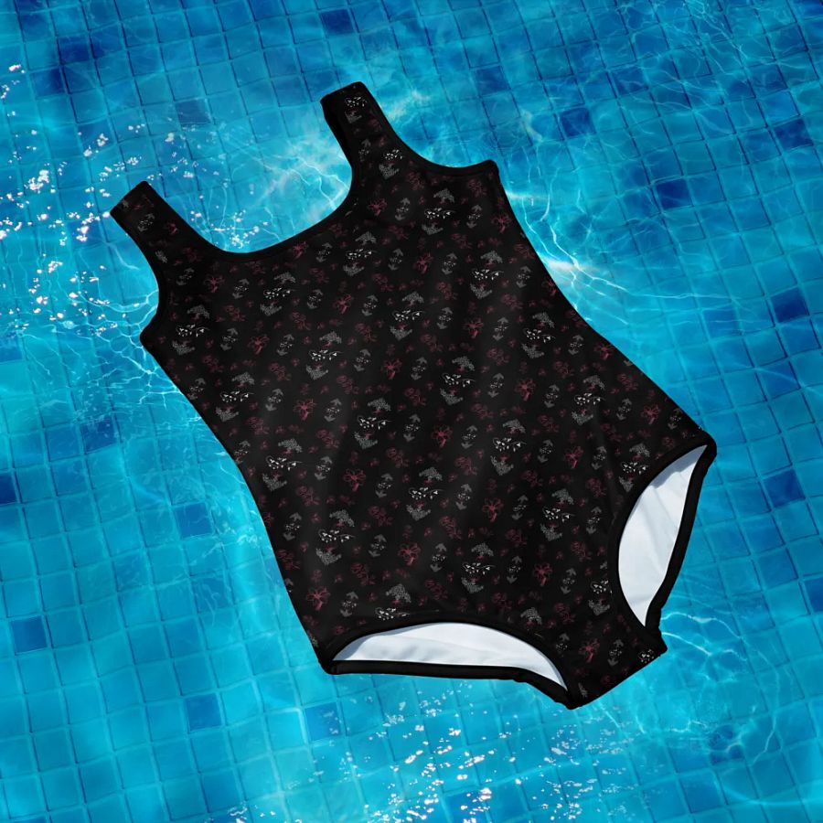 Magenta and White Flowers on Black One-Piece Youth Swimsuit product image (10)