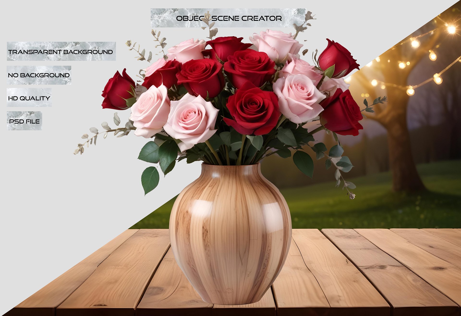 Natural Wooden Vase with Red and Pink Roses PNG product image (2)