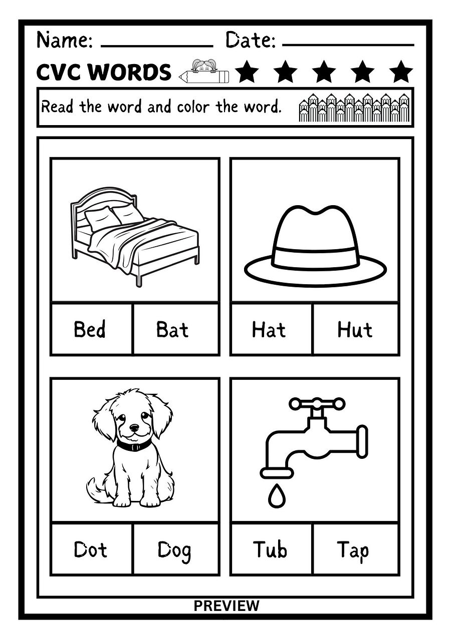 CVC Words - Color the CVC Words - Phonics Worksheet for Kindergarten, Preschool, Homeschool - Printable product image (1)