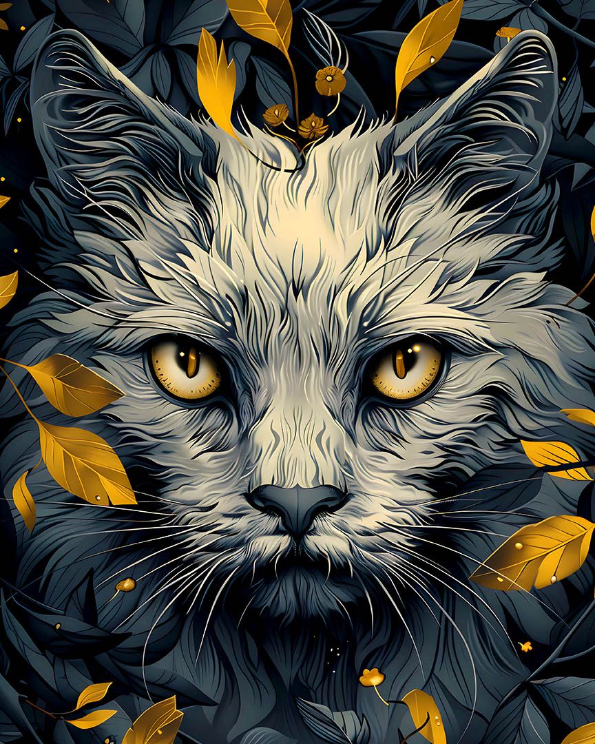 Autumn Whispers: Enigmatic Cat Face with Golden Eyes Art Matte Poster product image (1)