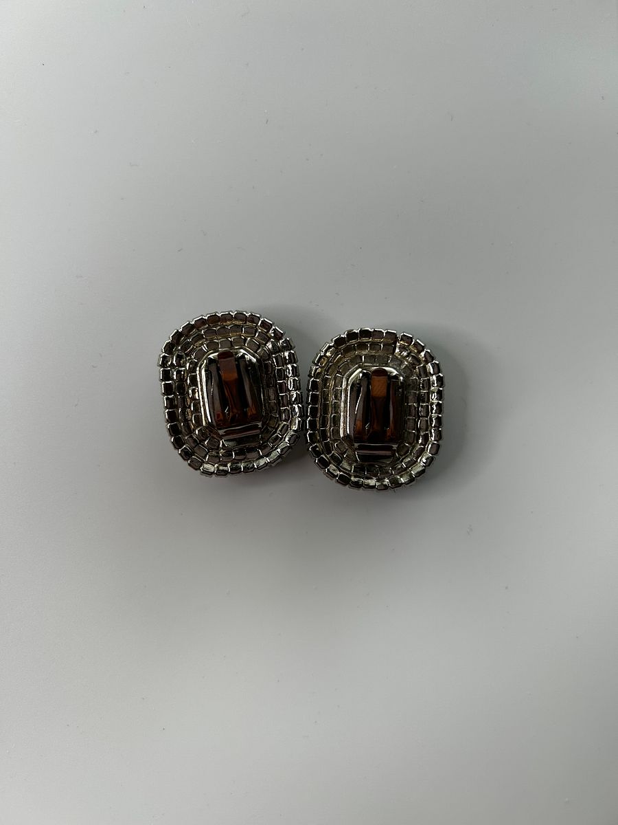 Vintage Silver Tone Crystal Black Clear Rhinestones Clip On Earrings product image (5)