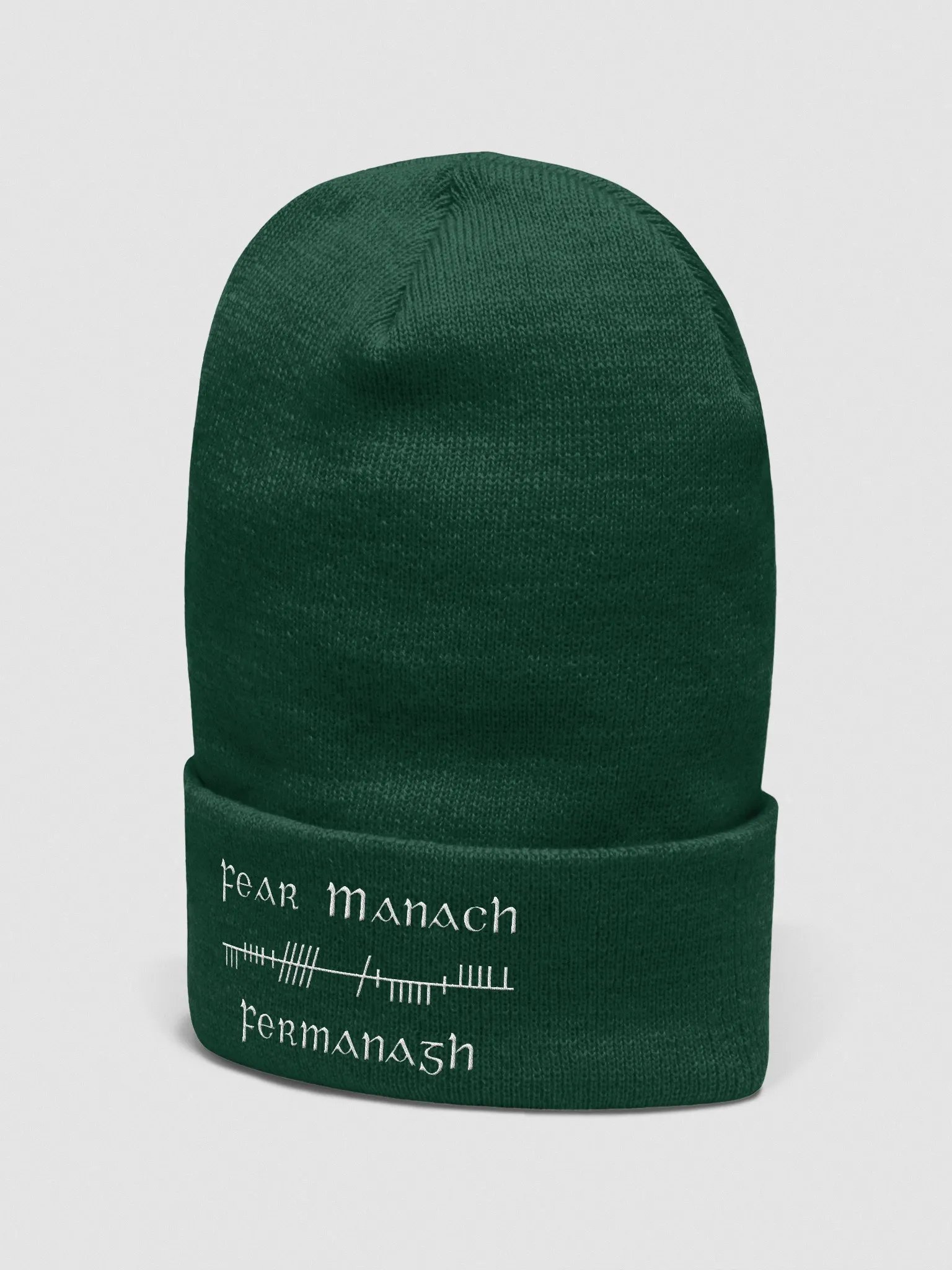 Fermanagh/Fear Manach, Green with white, Orthodox style Ogham embroidered Cuffed Beanie product image (2)
