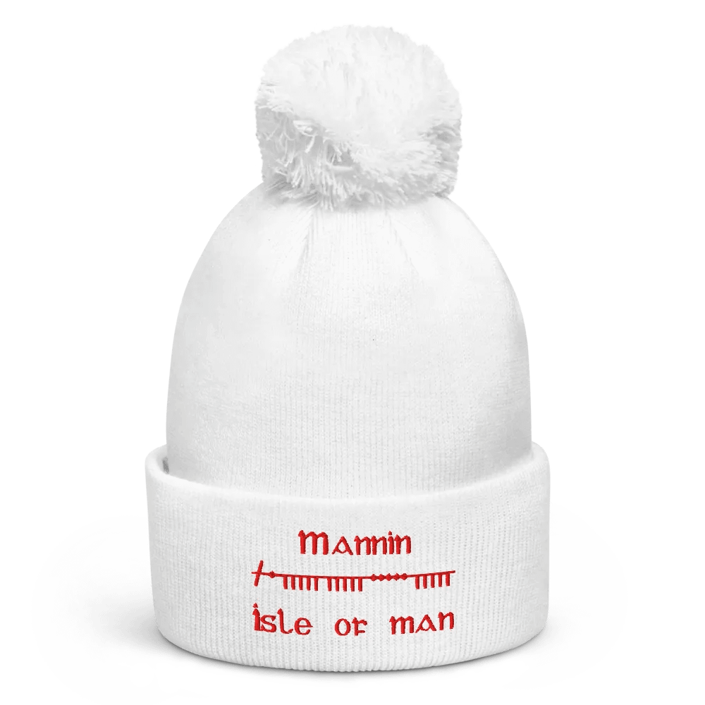 Isle of Man/Mannin Scholastic style Ogham, white with red, embroidered Pom-Pom Beanie product image (1)