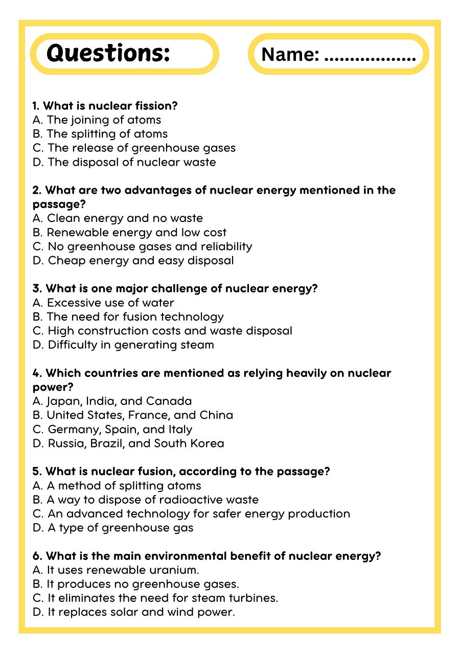 Nuclear Energy Reading Passage with Comprehension Questions product image (3)