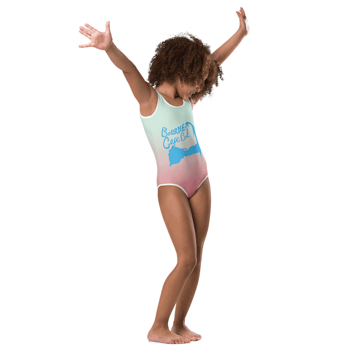 Girls' | One-Piece Swimsuit | BOURNE to Cape Cod™ | Front Logo | Coastal Kids Swimwear | Blue Logo on Blue Pink Ombre product image (2)