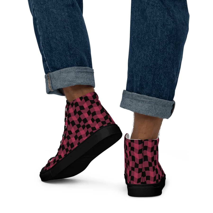 Magenta and Black Warped Checker Men's High Top Canvas Shoes product image (9)