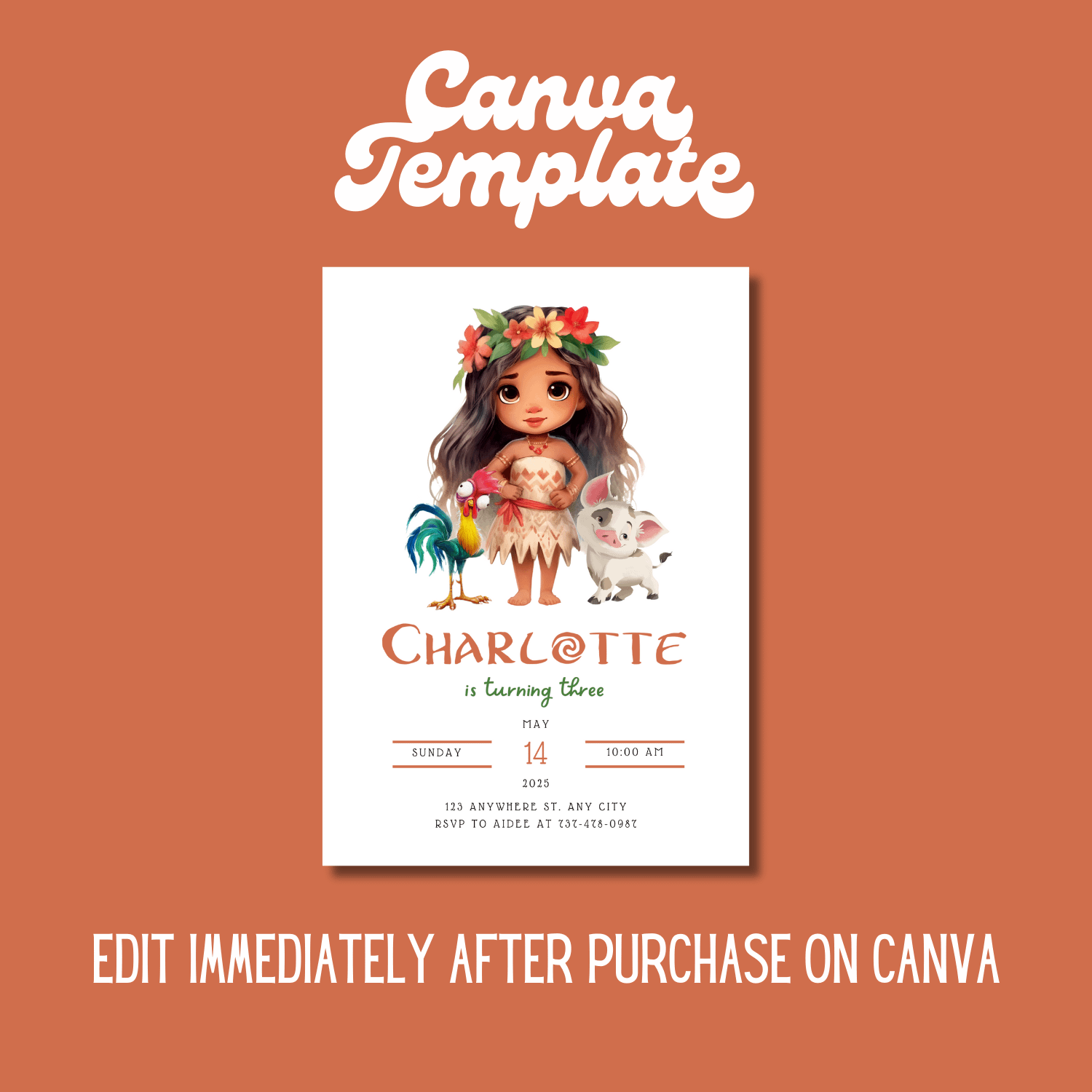 Moana Themed Birthday Invitation Template – Canva Editable Tropical Party Invite product image (4)